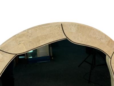 MODERN CURVED TESSELLATED TAUPE CREAM MARBLE INLAID BRASS MIRRORS