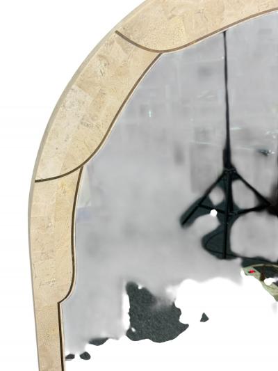 MODERN CURVED TESSELLATED TAUPE CREAM MARBLE INLAID BRASS MIRRORS