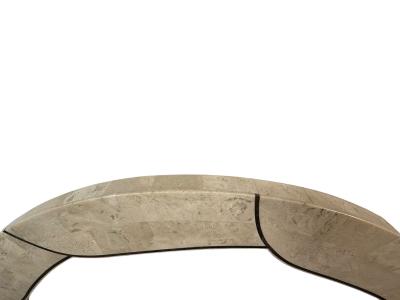 MODERN CURVED TESSELLATED TAUPE CREAM MARBLE INLAID BRASS MIRRORS