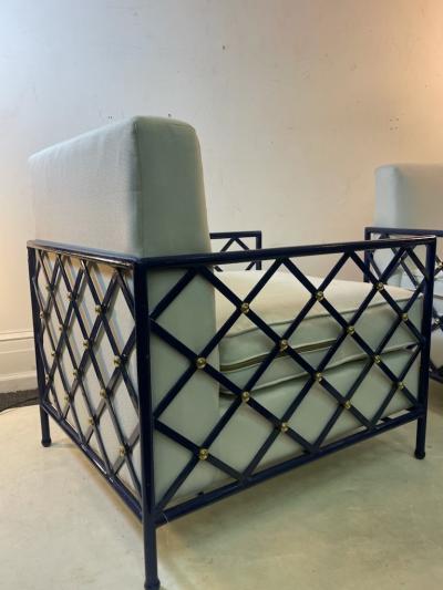 MODERN EIFFEL TOWER DESIGN BLUE ENAMEL AND BRASS LOUNGE CHAIRS