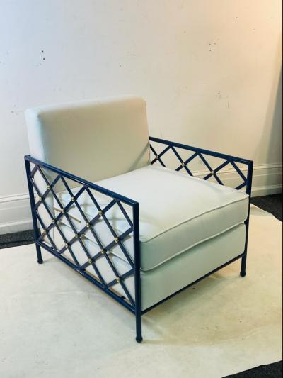 MODERN EIFFEL TOWER DESIGN BLUE ENAMEL AND BRASS LOUNGE CHAIRS