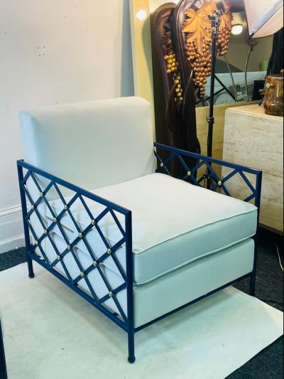 MODERN EIFFEL TOWER DESIGN BLUE ENAMEL AND BRASS LOUNGE CHAIRS
