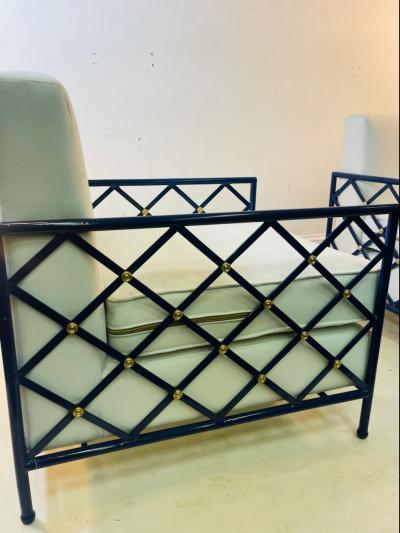 MODERN EIFFEL TOWER DESIGN BLUE ENAMEL AND BRASS LOUNGE CHAIRS