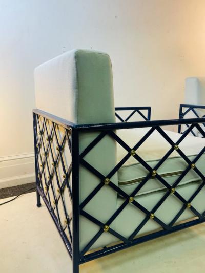 MODERN EIFFEL TOWER DESIGN BLUE ENAMEL AND BRASS LOUNGE CHAIRS