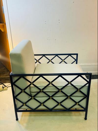 MODERN EIFFEL TOWER DESIGN BLUE ENAMEL AND BRASS LOUNGE CHAIRS