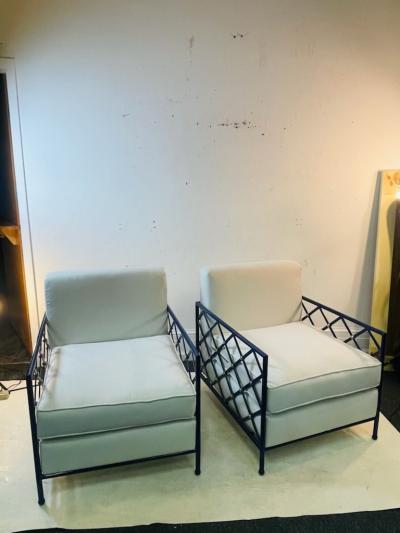 MODERN EIFFEL TOWER DESIGN BLUE ENAMEL AND BRASS LOUNGE CHAIRS