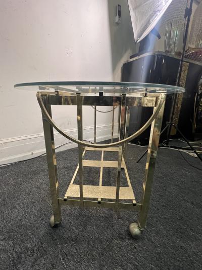 MODERN GOLDTONE TUBULAR METAL WITH GLASS OBLONG TOP BAR CART