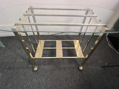 MODERN GOLDTONE TUBULAR METAL WITH GLASS OBLONG TOP BAR CART