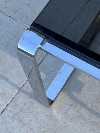 MODERN ITALIAN CHROME BAND AND SMOKY GLASS COFFEE TABLE