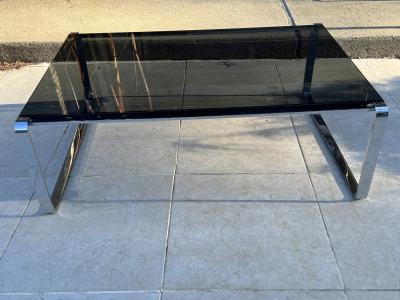 MODERN ITALIAN CHROME BAND AND SMOKY GLASS COFFEE TABLE