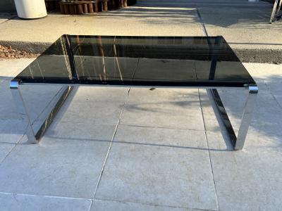 MODERN ITALIAN CHROME BAND AND SMOKY GLASS COFFEE TABLE