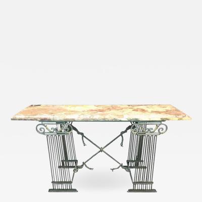 MODERN NEOCLASSICAL MARBLE AND DECORATIVE MIXED METALS COLUMN BASE CONSOLE