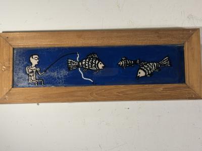 MODERN PAIR OF REVERSE PAINTINGS ON GLASS MAN FISHING