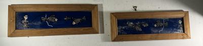 MODERN PAIR OF REVERSE PAINTINGS ON GLASS MAN FISHING