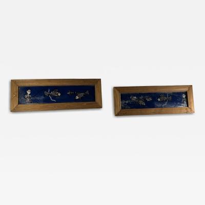 MODERN PAIR OF REVERSE PAINTINGS ON GLASS MAN FISHING