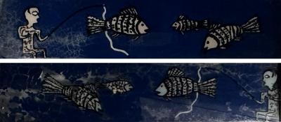 MODERN PAIR OF REVERSE PAINTINGS ON GLASS MAN FISHING