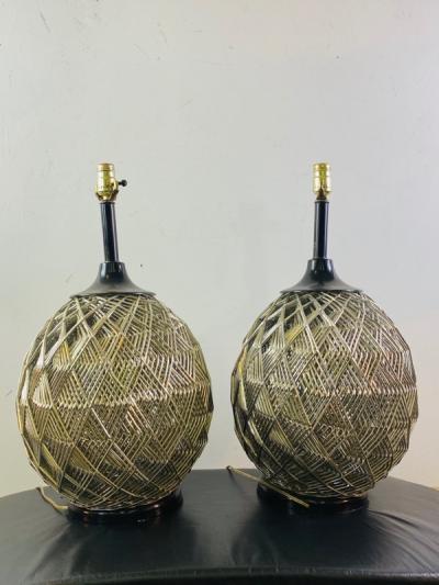 MODERN PAIR OF WOVEN CHROME SPHERE LAMPS