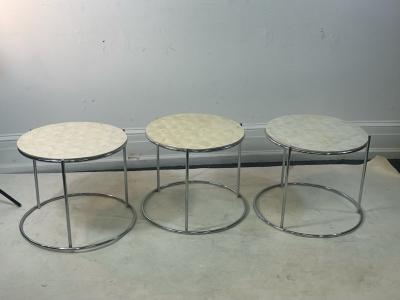 MODERN TRIO OF CAPIZ SHELL CHROME NESTING TABLES
