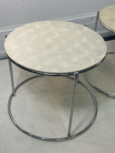 MODERN TRIO OF CAPIZ SHELL CHROME NESTING TABLES