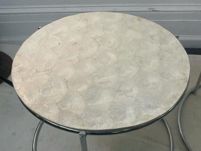 MODERN TRIO OF CAPIZ SHELL CHROME NESTING TABLES