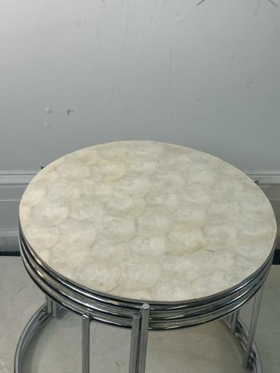 MODERN TRIO OF CAPIZ SHELL CHROME NESTING TABLES