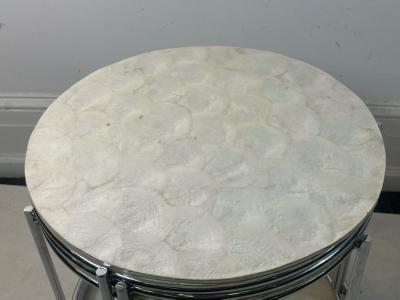 MODERN TRIO OF CAPIZ SHELL CHROME NESTING TABLES