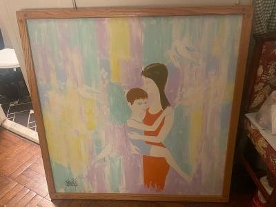 MODERN WOMAN AND CHILD WITH DOVES PAINTING IN OAK FRAME