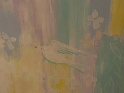 MODERN WOMAN AND CHILD WITH DOVES PAINTING IN OAK FRAME