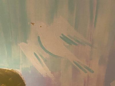 MODERN WOMAN AND CHILD WITH DOVES PAINTING IN OAK FRAME