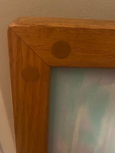 MODERN WOMAN AND CHILD WITH DOVES PAINTING IN OAK FRAME