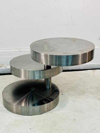 MODERNIST 3 TIER BRUSHED NICKEL SWIVEL TABLE IN THE MANNER OF GABRIELLA CRESPI