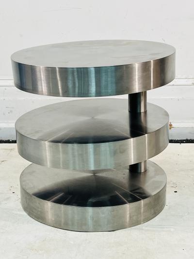 MODERNIST 3 TIER BRUSHED NICKEL SWIVEL TABLE IN THE MANNER OF GABRIELLA CRESPI