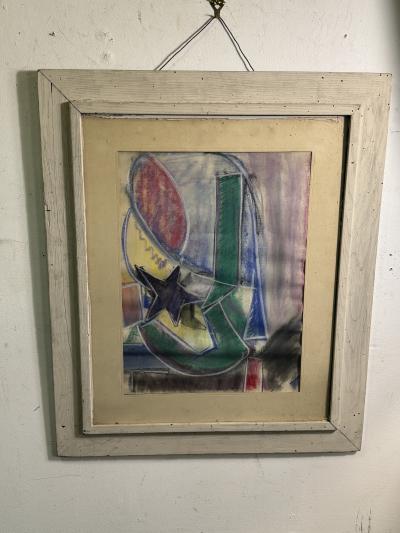 MODERNIST ABSTRACT WITH STAR CUBISTIC PASTEL DRAWING IN CERUSED FRAME