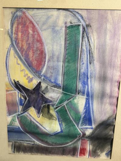 MODERNIST ABSTRACT WITH STAR CUBISTIC PASTEL DRAWING IN CERUSED FRAME