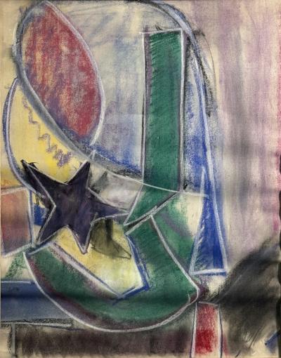 MODERNIST ABSTRACT WITH STAR CUBISTIC PASTEL DRAWING IN CERUSED FRAME