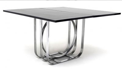 MODERNIST ART DECO CHROME BAND AND BLACK LACQUER CONSOLE DINING TABLE
