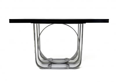 MODERNIST ART DECO CHROME BAND AND BLACK LACQUER CONSOLE DINING TABLE