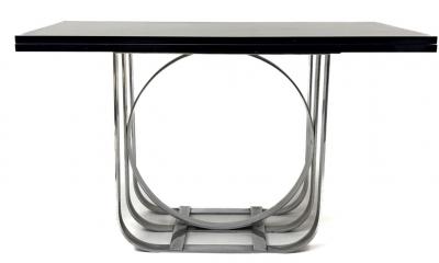 MODERNIST ART DECO CHROME BAND AND BLACK LACQUER CONSOLE DINING TABLE