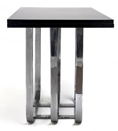 MODERNIST ART DECO CHROME BAND AND BLACK LACQUER CONSOLE DINING TABLE