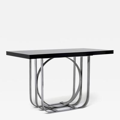MODERNIST ART DECO CHROME BAND AND BLACK LACQUER CONSOLE DINING TABLE