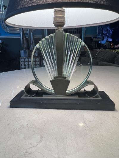 MODERNIST ART DECO GLASS NICKELED BRONZE AND BLACK MARBLE LAMP