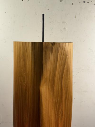 MODERNIST BENT WOOD SHADED FLOOR LAMP WITH BLACK PEFORATED METAL FRAME
