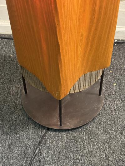MODERNIST BENT WOOD SHADED FLOOR LAMP WITH BLACK PEFORATED METAL FRAME