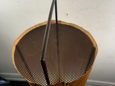 MODERNIST BENT WOOD SHADED FLOOR LAMP WITH BLACK PEFORATED METAL FRAME
