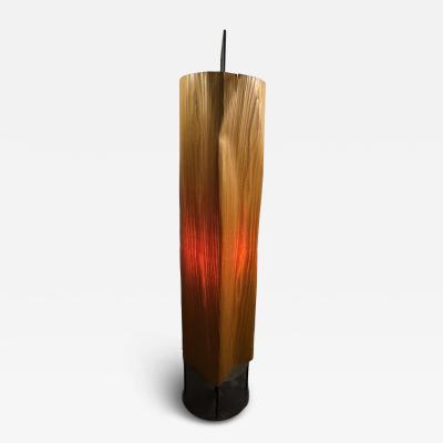 MODERNIST BENT WOOD SHADED FLOOR LAMP WITH BLACK PEFORATED METAL FRAME