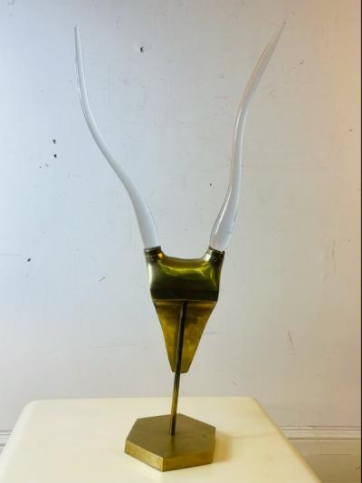 MODERNIST BRASS AND GLASS HORN ANTELOPE HEAD SCULPTURE