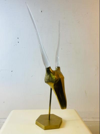 MODERNIST BRASS AND GLASS HORN ANTELOPE HEAD SCULPTURE
