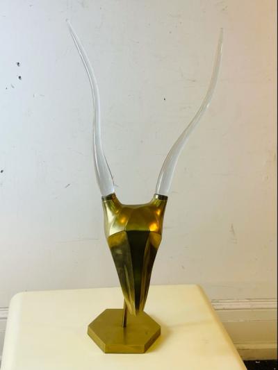 MODERNIST BRASS AND GLASS HORN ANTELOPE HEAD SCULPTURE