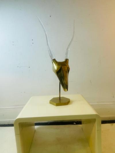 MODERNIST BRASS AND GLASS HORN ANTELOPE HEAD SCULPTURE