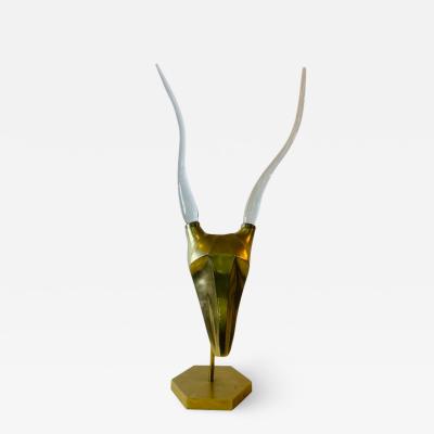 MODERNIST BRASS AND GLASS HORN ANTELOPE HEAD SCULPTURE